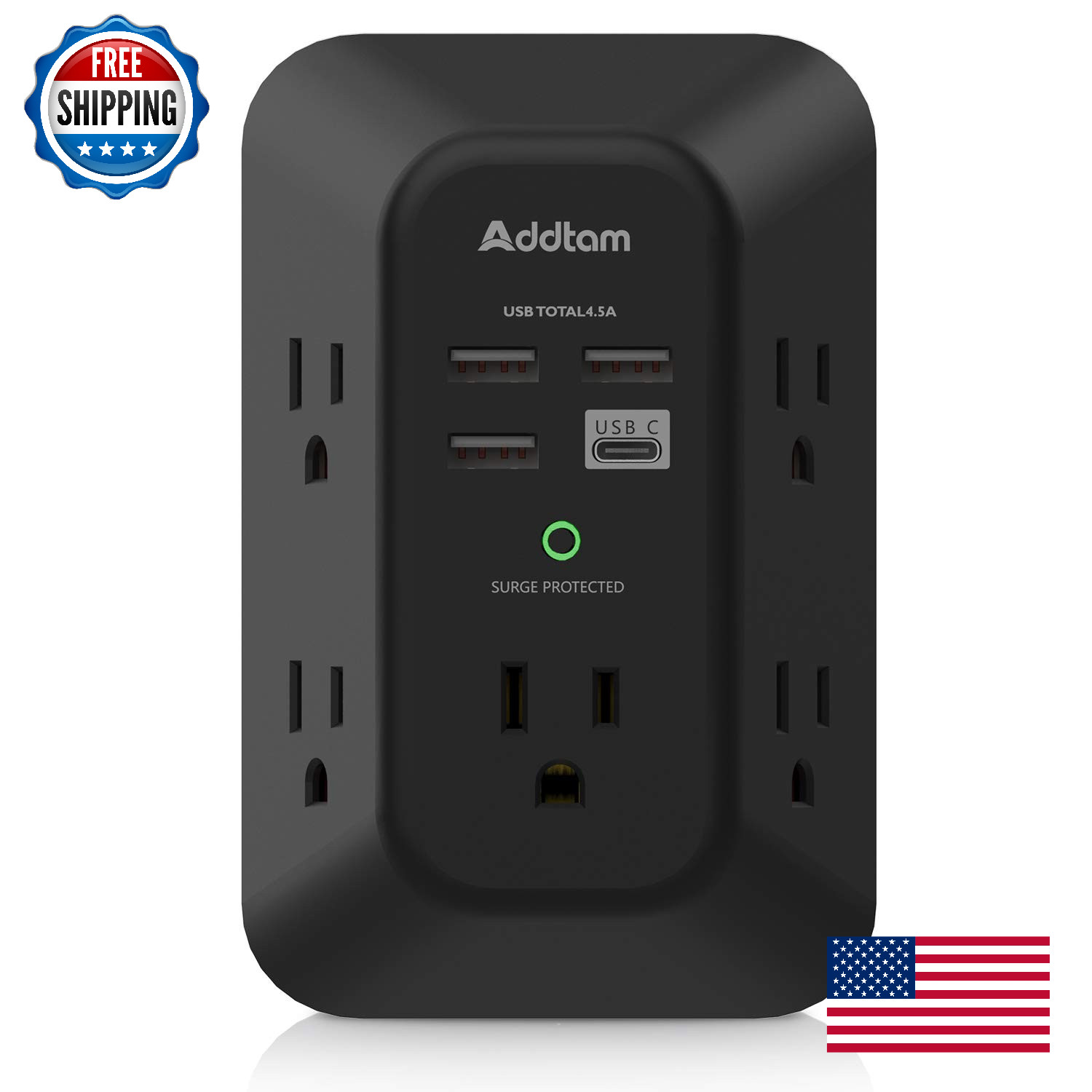 Addtam 5-Outlet USB Wall Charger Surge Protector 3-Sided Power Strip 4 USB