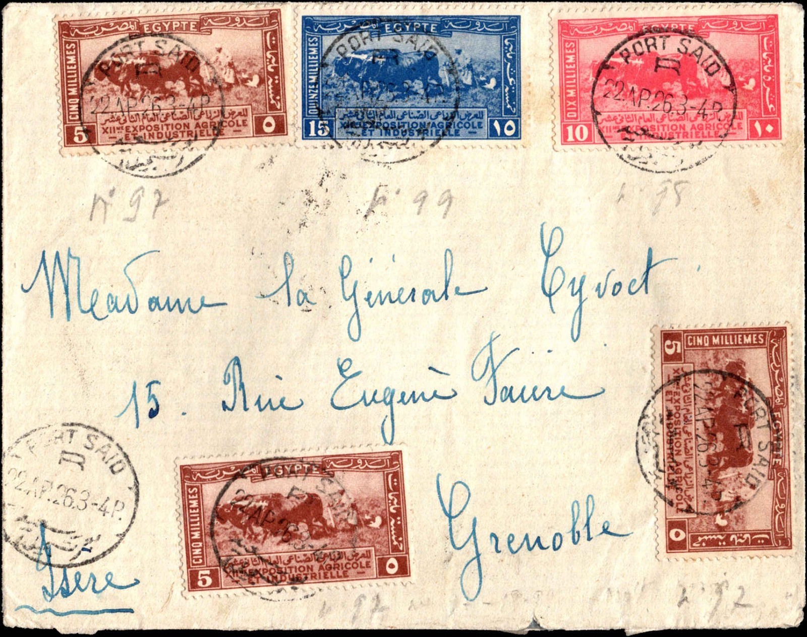 1926 Egypt Exhibition Cover Port Said to France 5m 10m 15m Stamps Postal History