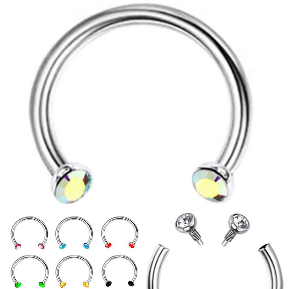 2pc Colorful 2mm Crystal Gem Horseshoe Septum Internal Thread Steel Ear Lip Ring