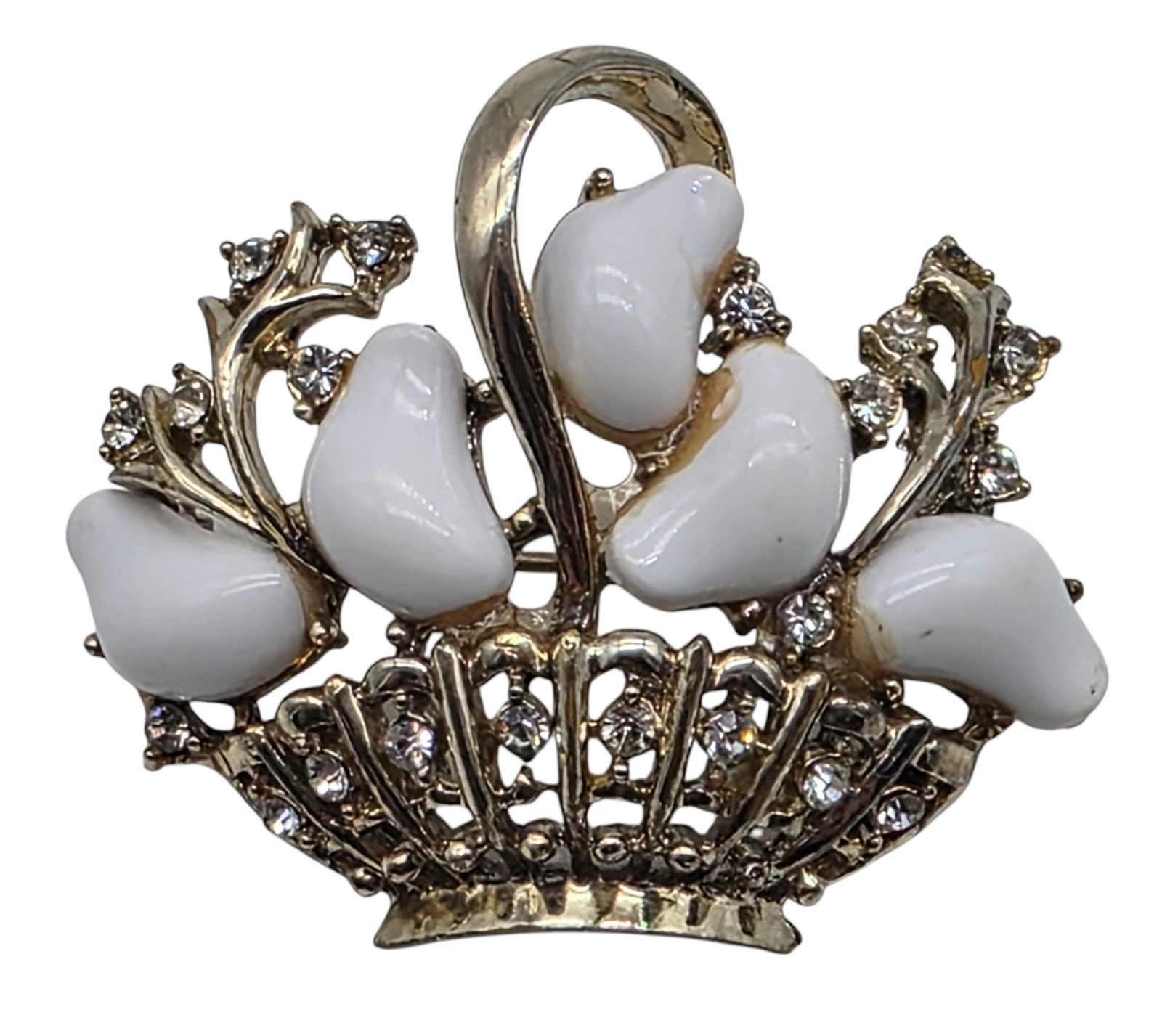 Vintage CORO Silver Tone / White Stone / Rhinestones Basket Ladies Brooch Pin