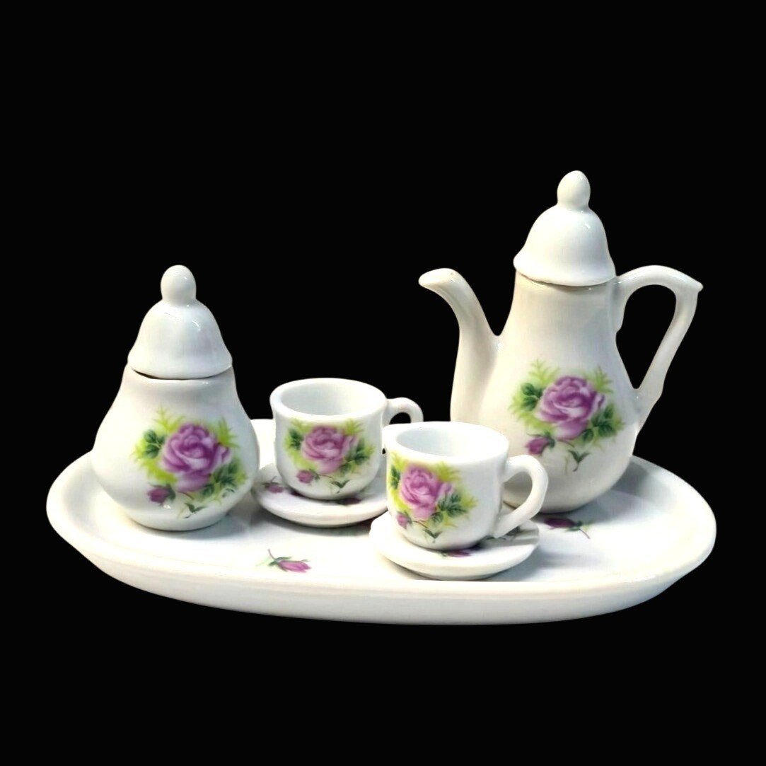Vintage Mini Porcelain Tea Set Rose Floral Tray tea  Pot Cups Dollhouse Decor