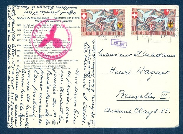 SWITZERLAND 1941 PATRIOTIC PC CENSORED TO BELGIUM