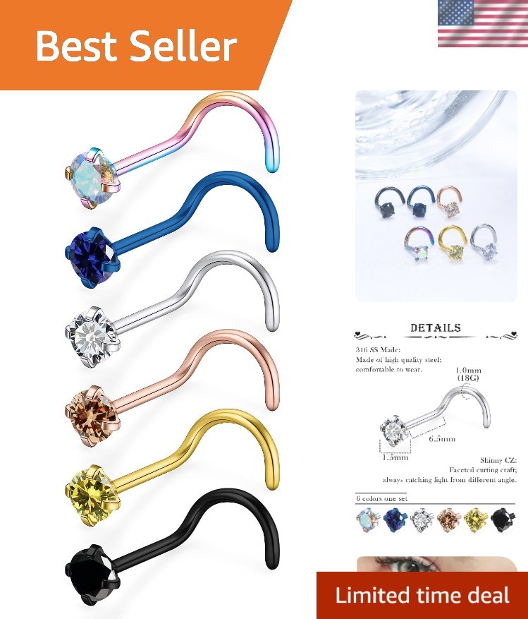 18G 20G 22G Stainless Surgical Steel Titanium Nose Rings Studs for Women L Sh...