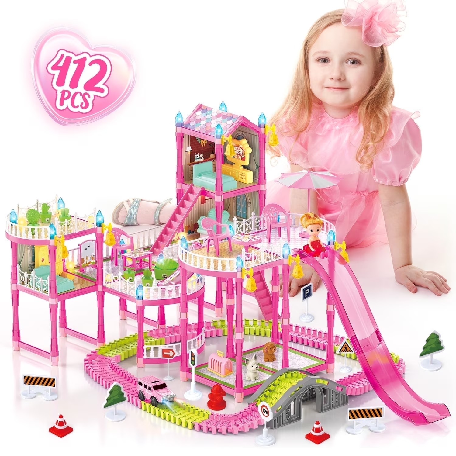 UQN 636-24 Dollhouse Kit for Girls Ages 3-8, 412PCS Pink Castle Toys with Slide,