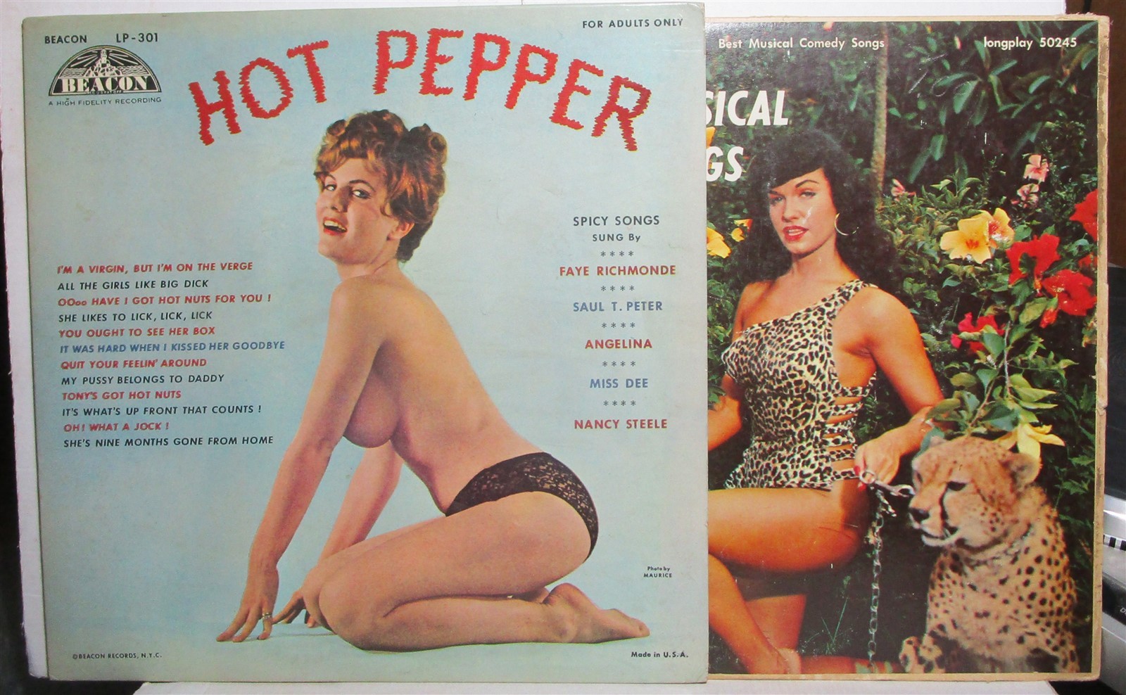 2 cheesecake LP record jackets: Bettie Page and Hot Pepper album