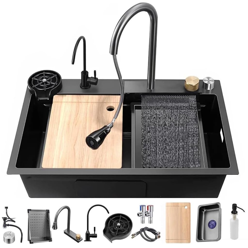 Black Stainless Steel Nano Undermount/Drop in Waterfall Single Bowl Kitchen S...