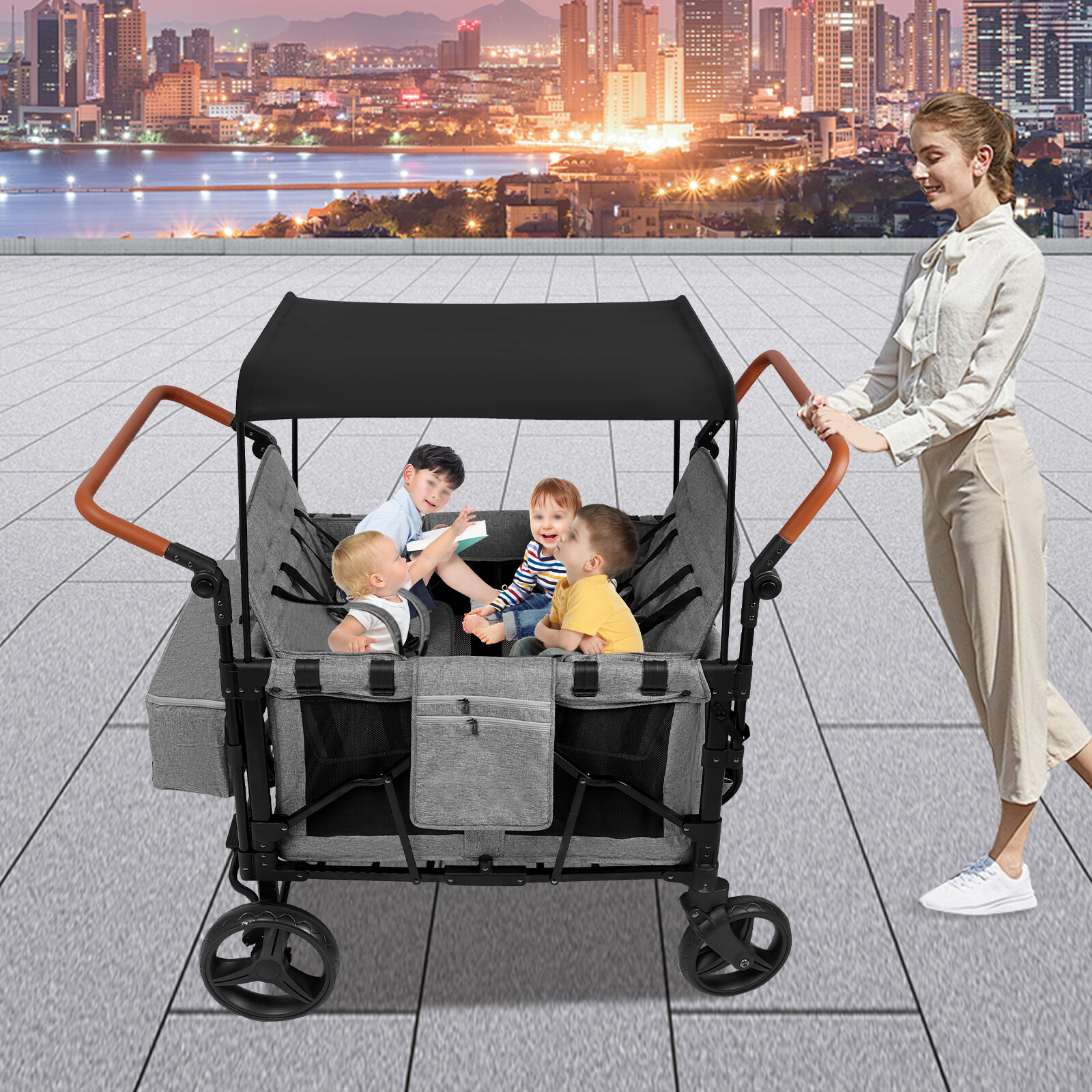 Folding Baby Stroller Wagon Cart For 4 Kids, Face To Face High Seat With Canopy