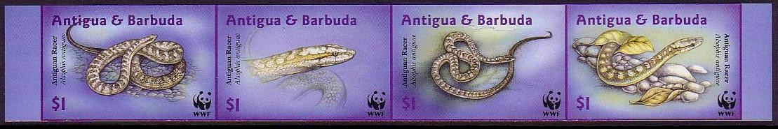 Antigua and Barbuda WWF Antiguan Racer Strip of 4 Imperf stamps 2002 MNH