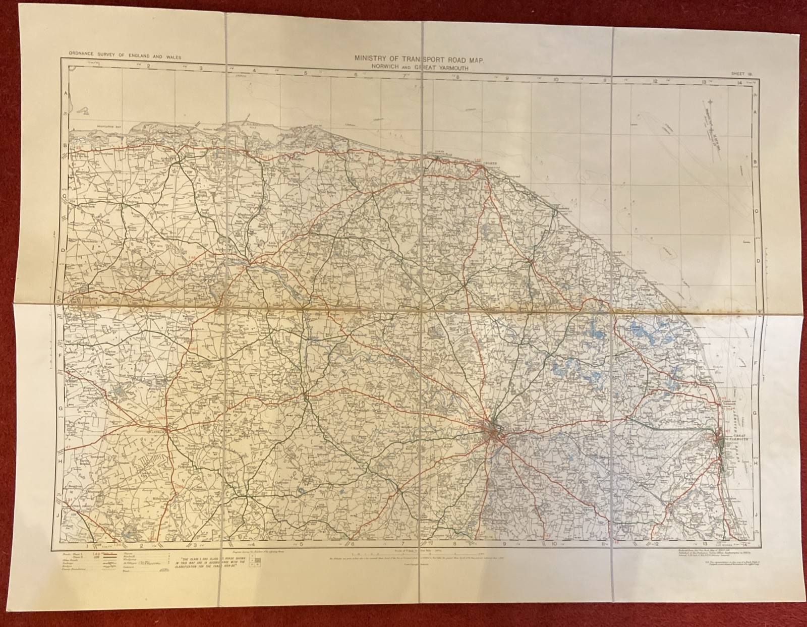 1923 Ministry Of Transport Road Map Sheet 19 Norwich and Great Yarmouth  