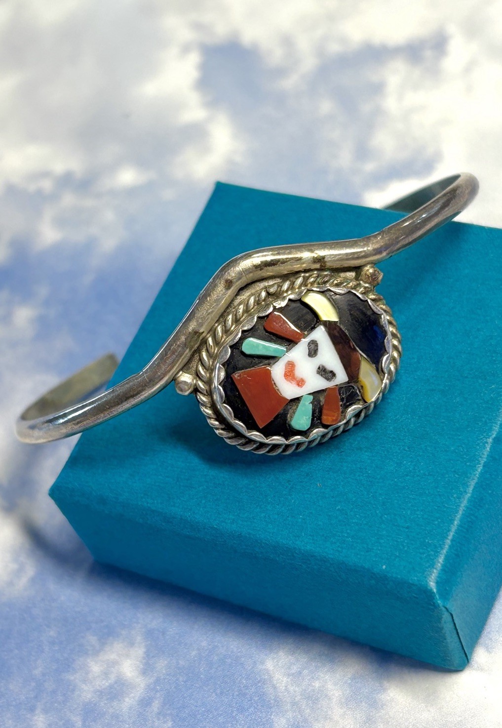 ZUNI Tra Etsate Sterling Silver Turquoise Coral KACHINA 925 Cuff Bracelet SIGNED
