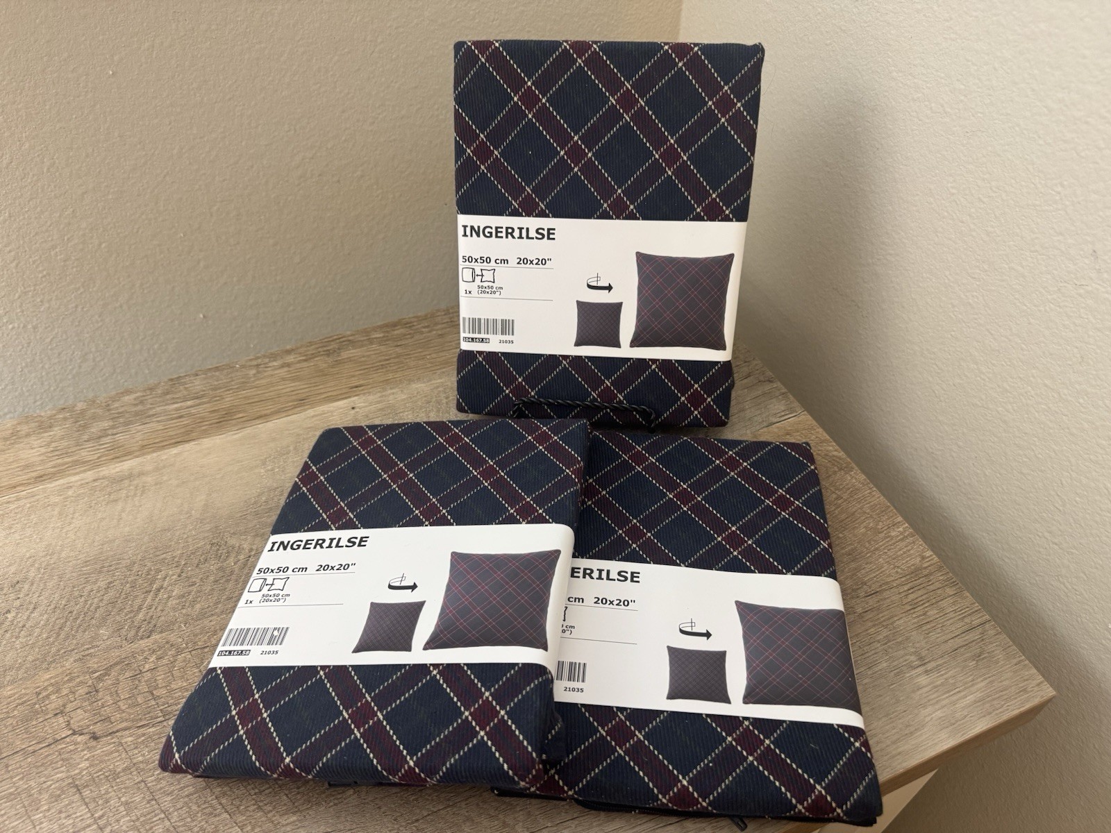 IKEA Ingerilse 20x20 Pillow Cushion Cover Navy Blue Plaid Set Of 3 NWT