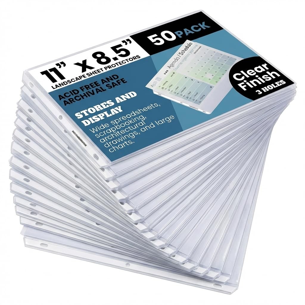 Performore 50 Sheet Protectors, Landscape Clear 50 Pack, White 