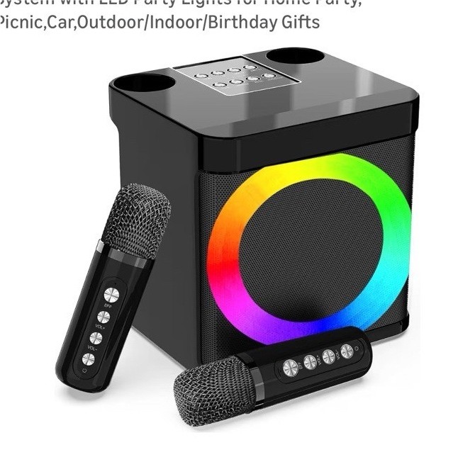 EASJOY Portable Bluetooth Karaoke System, 2 Wireless Mics, LED Party Lights