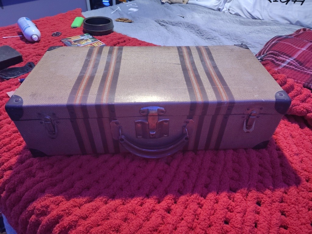 Brown/Yellow Tweed Double Stripe Vintage Leather Suitcase Luggage 21x14x7