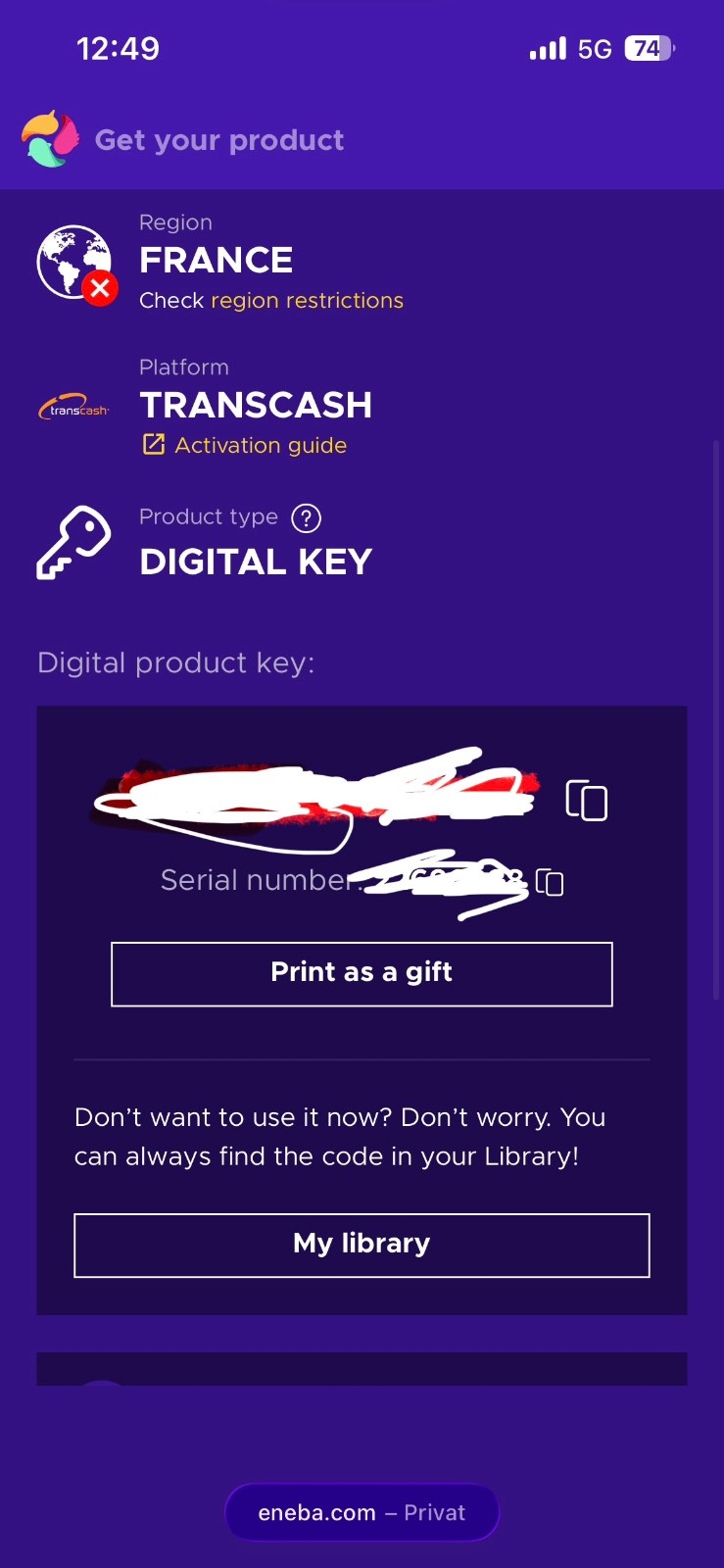 transcash giftcard. France only