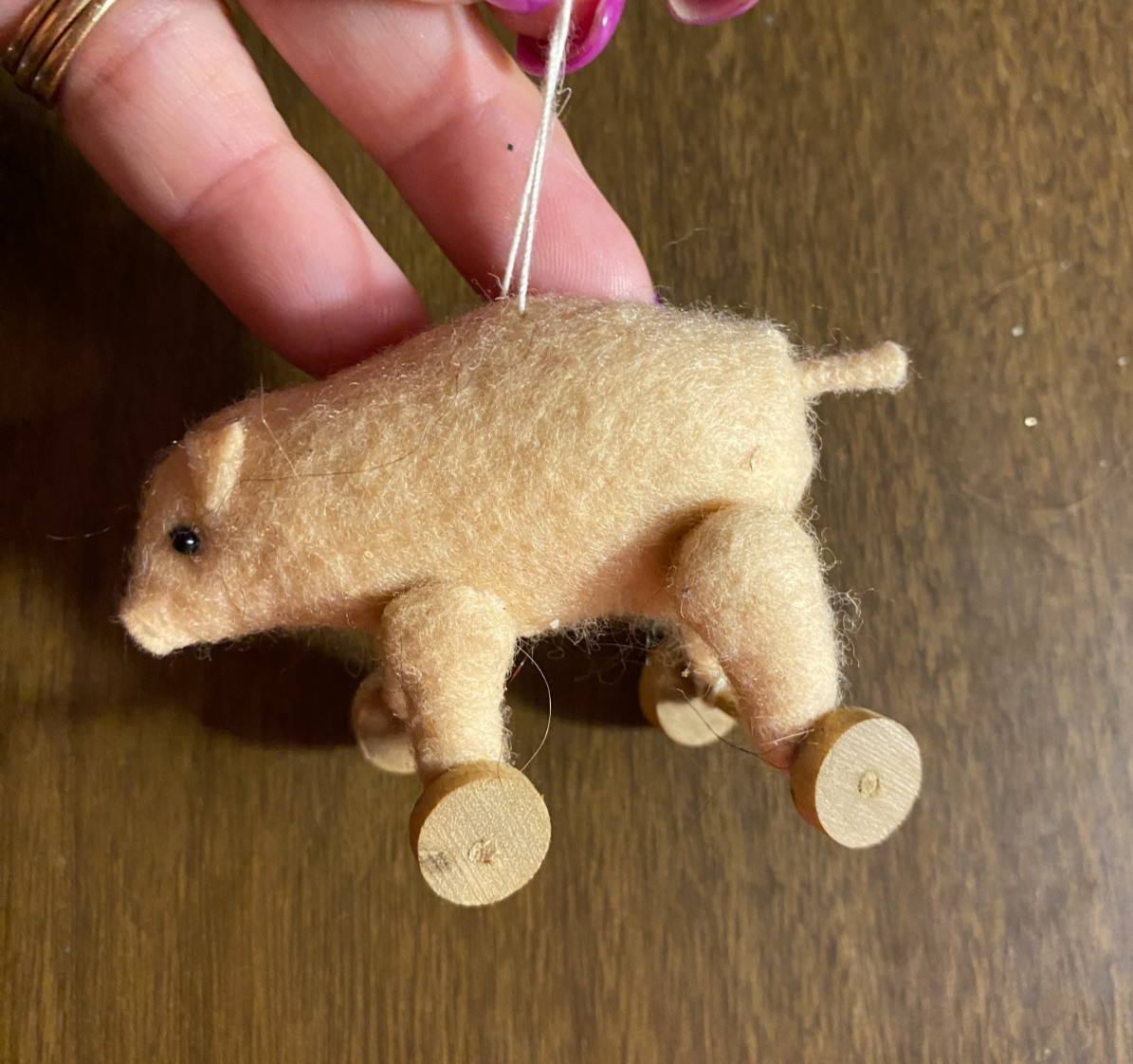Vintage Pig on Wheels Mini Needle Felted Christmas Ornament 3"
