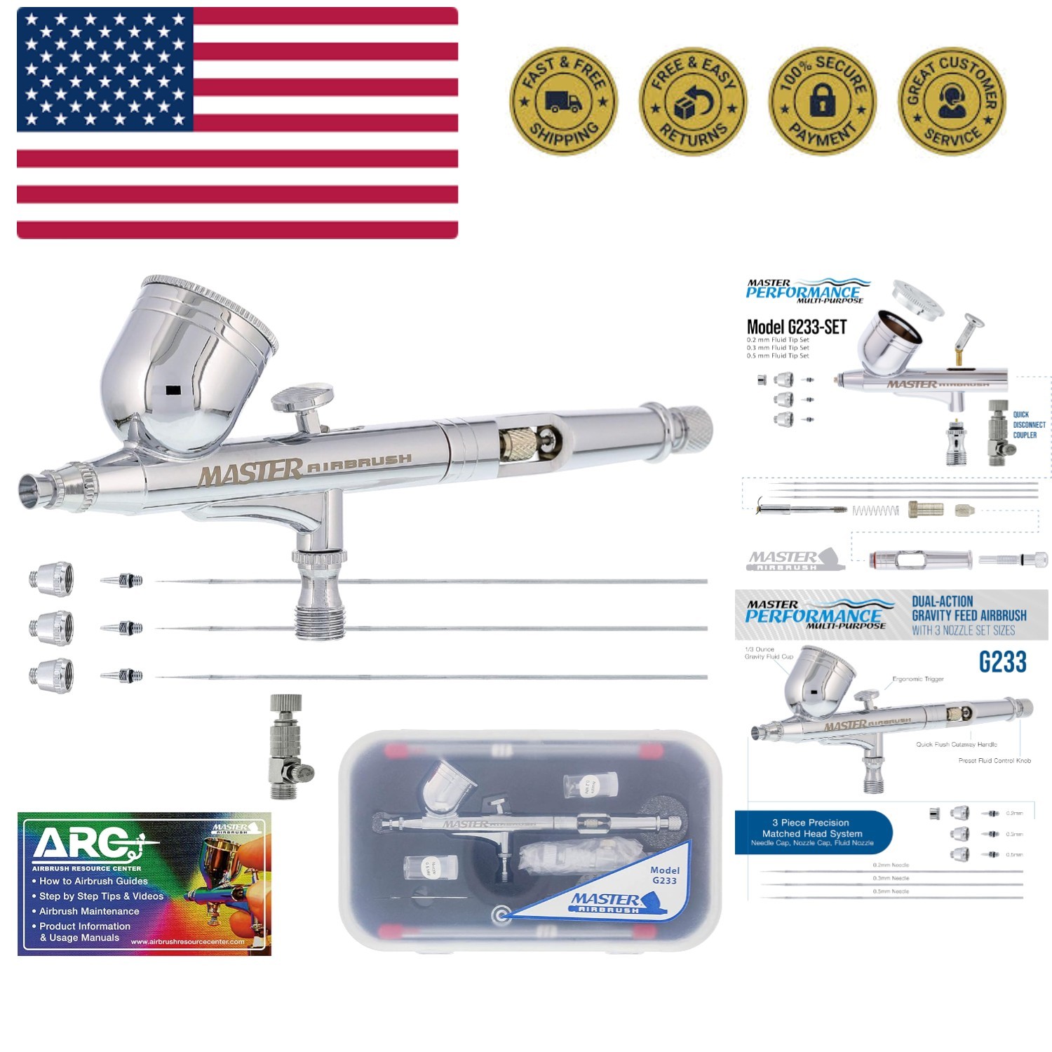G233 Performance Pro Airbrush Kit with 3 Nozzle Sets 0.2, 0.3 & 0.5mm Needles...