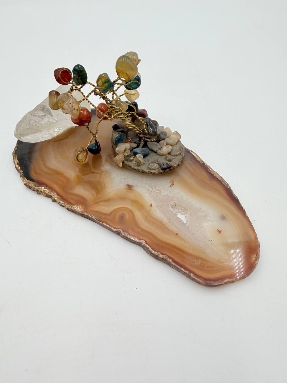 Gemstone Tree on Agate Slice Crystal Bonsai Tree Healing Stone Decor