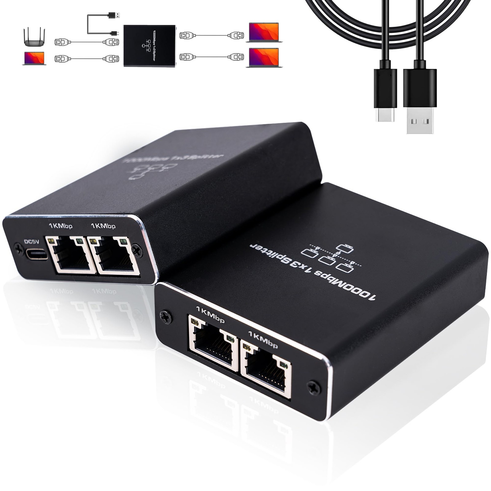 Upgrade Ethernet Splitter 1 to 3 High Speed 1000Mbps, LAN with USB Power Cabl...