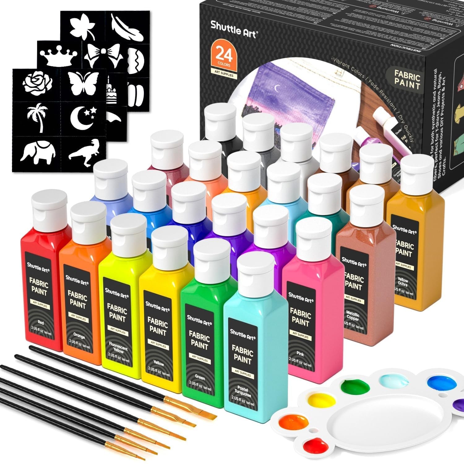Shuttle Art Fabric Paint 24 Colors Permanent Soft Fabric Paint in Bottles 60m...