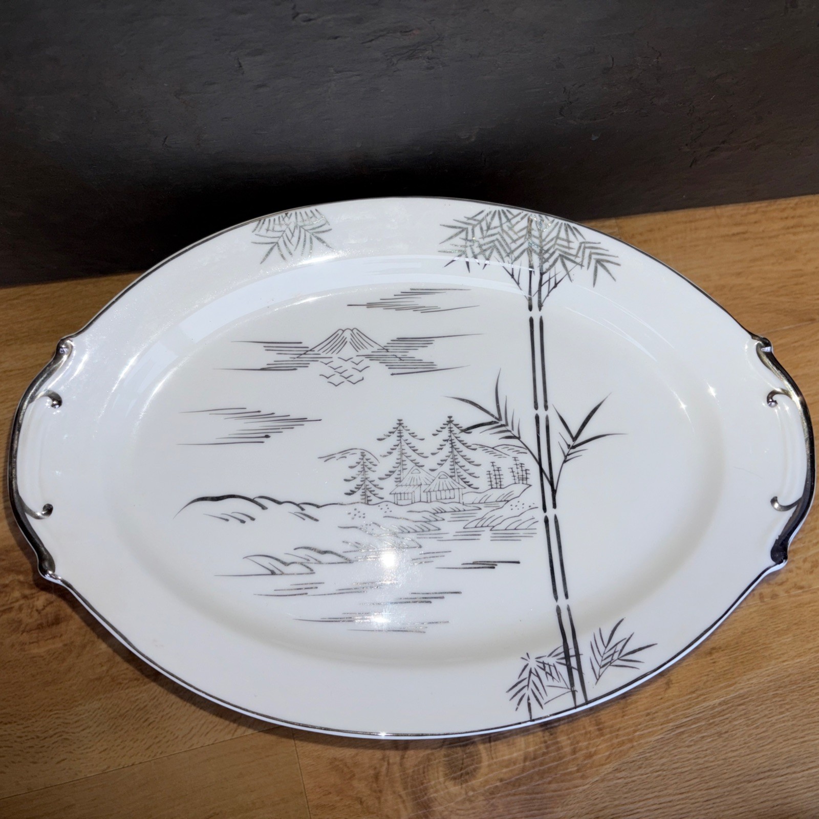 Vintage Japan Silver Hand Painted Serving Platter E&O Egg Shell China Platinum