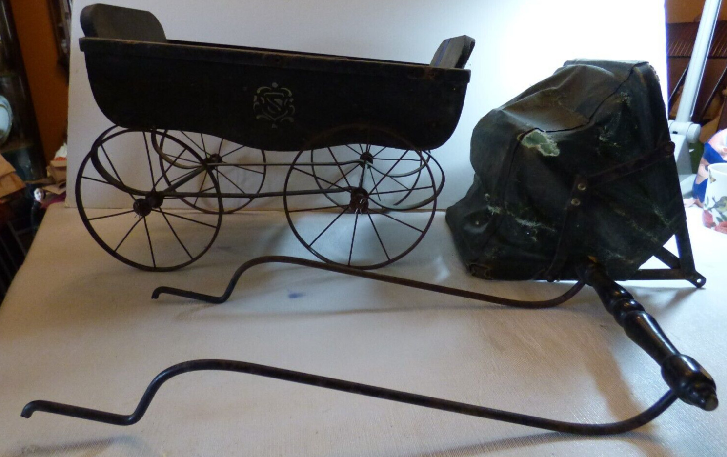 Antique 1908 +- Victorian Toy Doll Carriage Wood base + iron Wheels Orig Owner