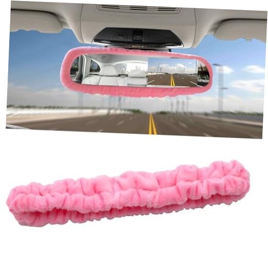 Elastic Plush Auto Rear View Mirror Protector - Stretchy Comfortable Car Pink