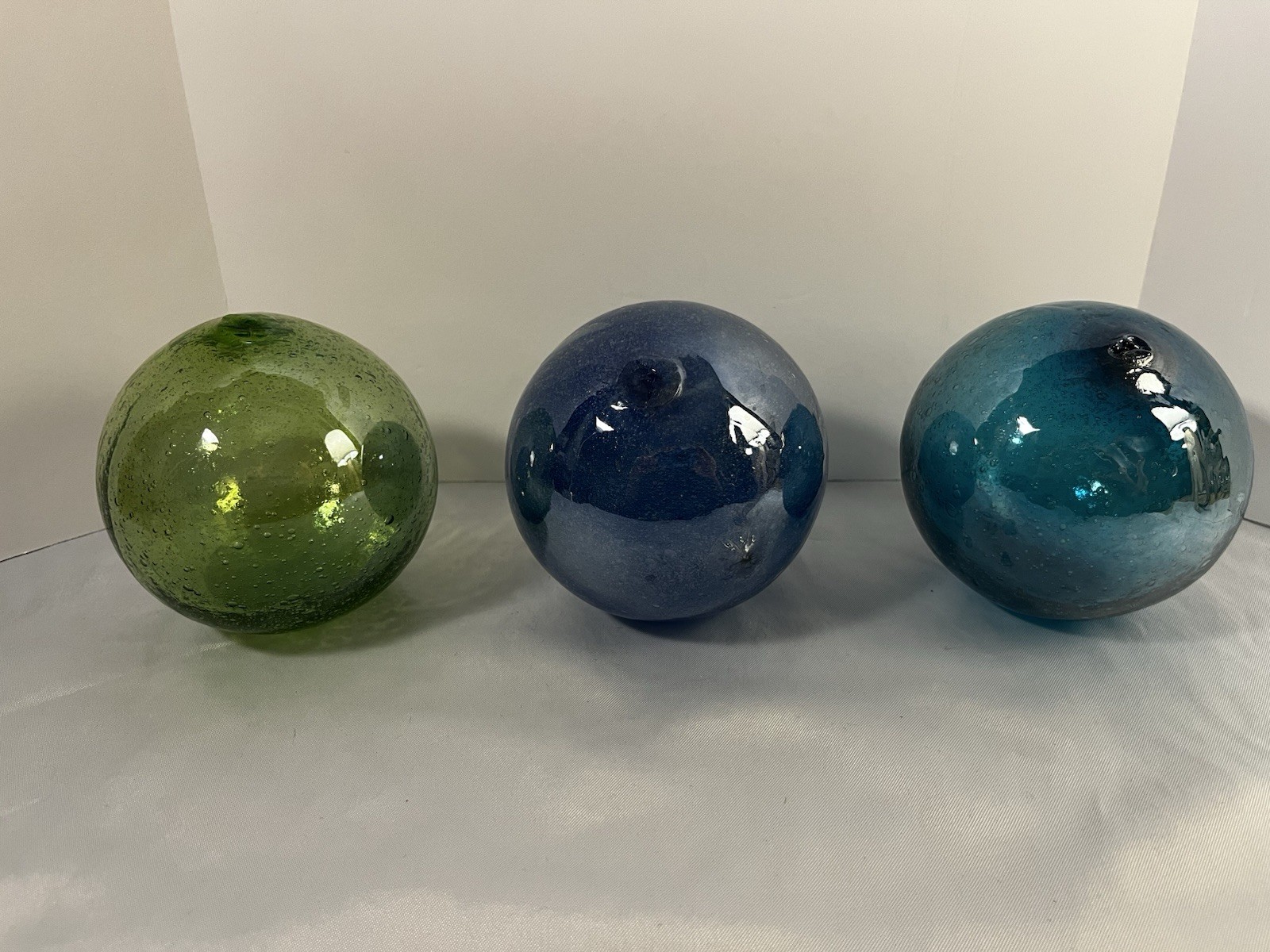 Japanese Glass Fishing Floats Hand-Blown Blue/Green/Purple Set of 3 Excellent