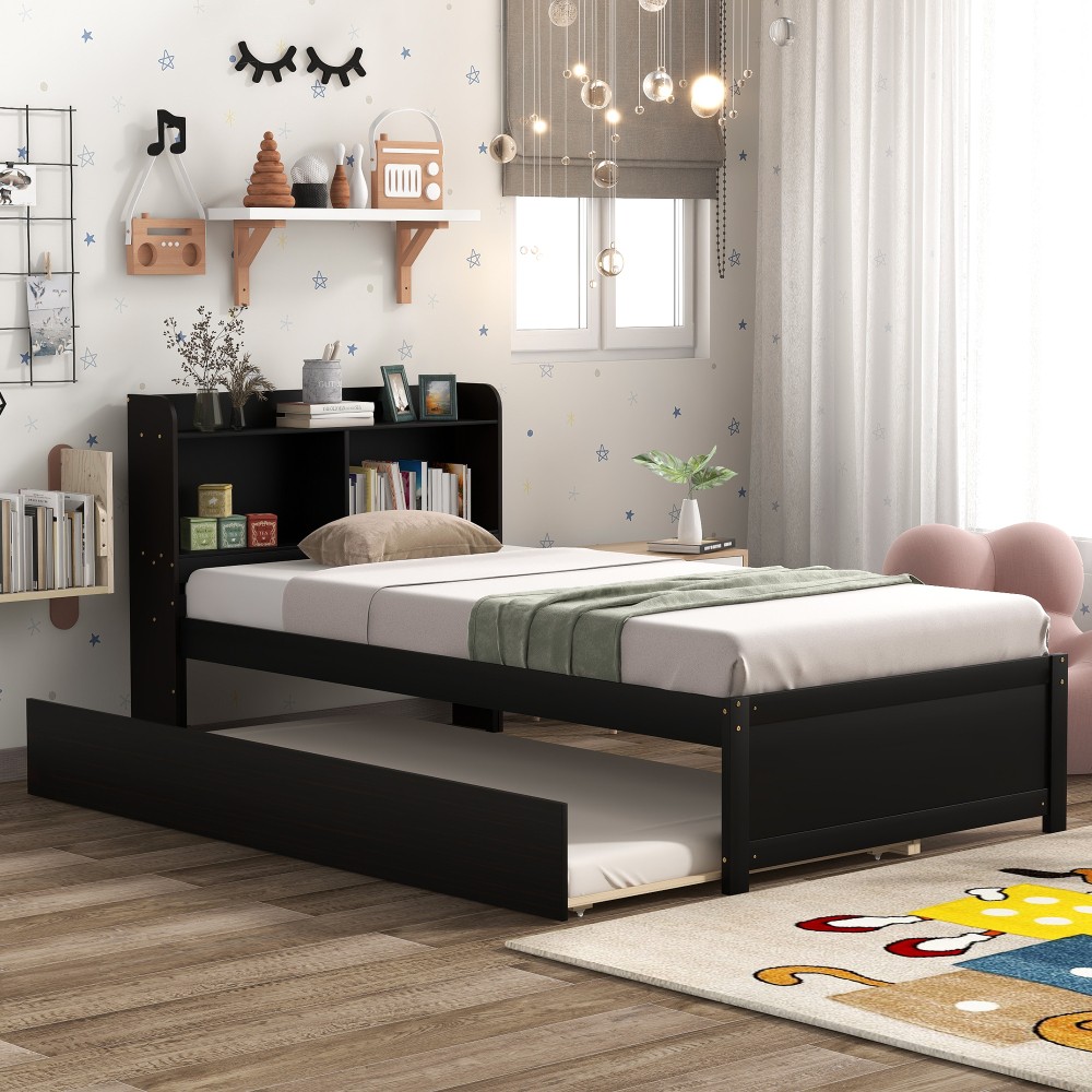 Twin Bed w/ Trundle & Storage Headboard, Espresso, for Small Space