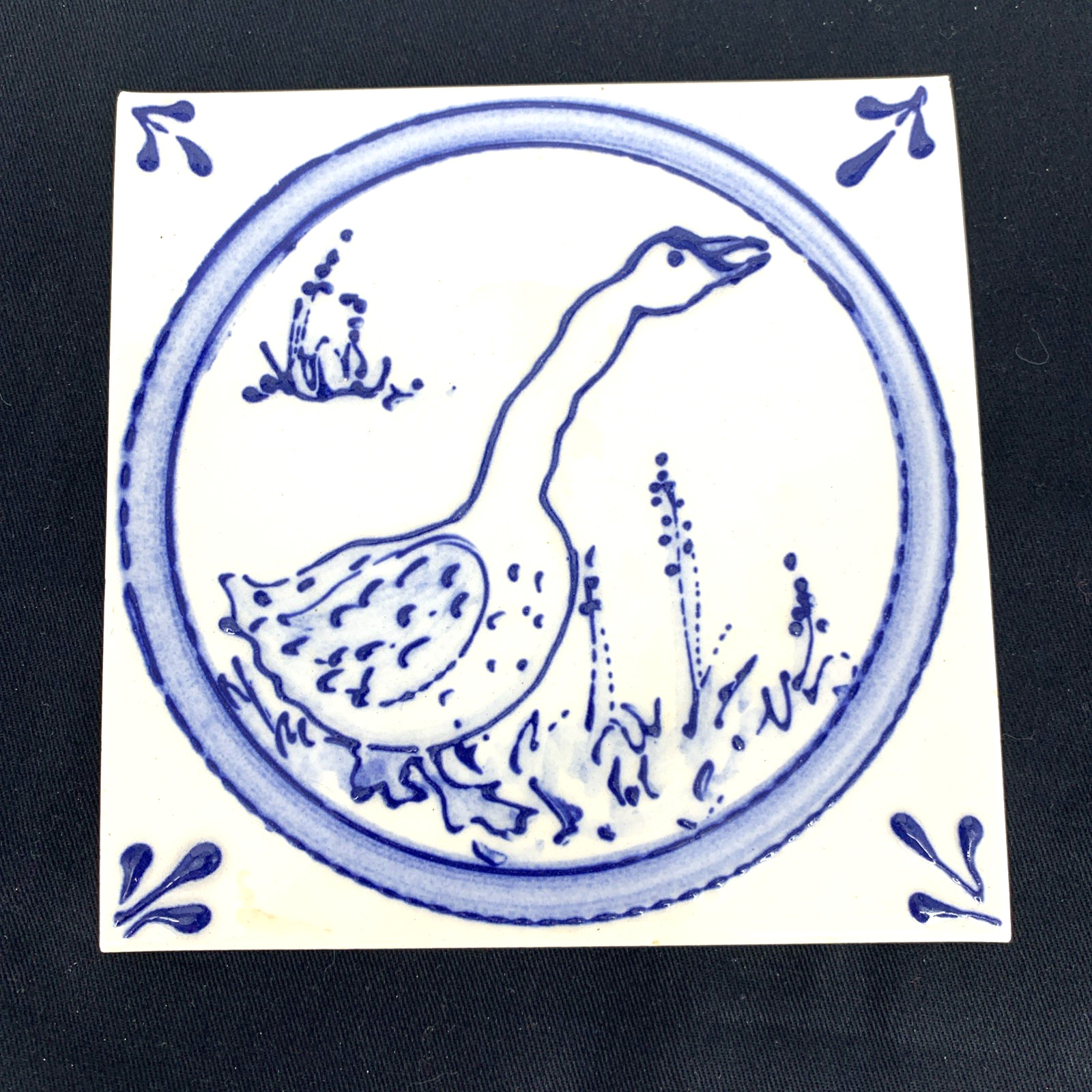 Vintage Duck Goose Bird Tile Trivet Blue White 6" Square Ceramic