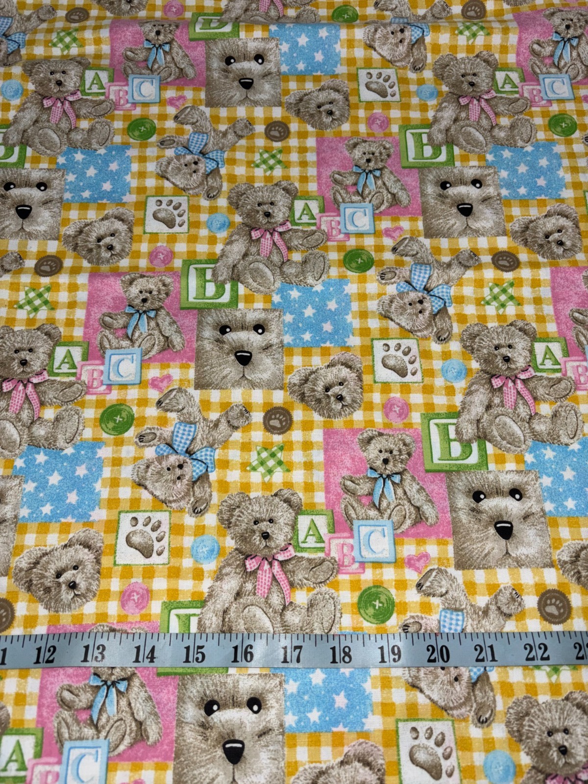 NEW Teddy Bears with Alphabet Patchworks 100% Cotton Fabric 1 Yard 17 Lx 44"W
