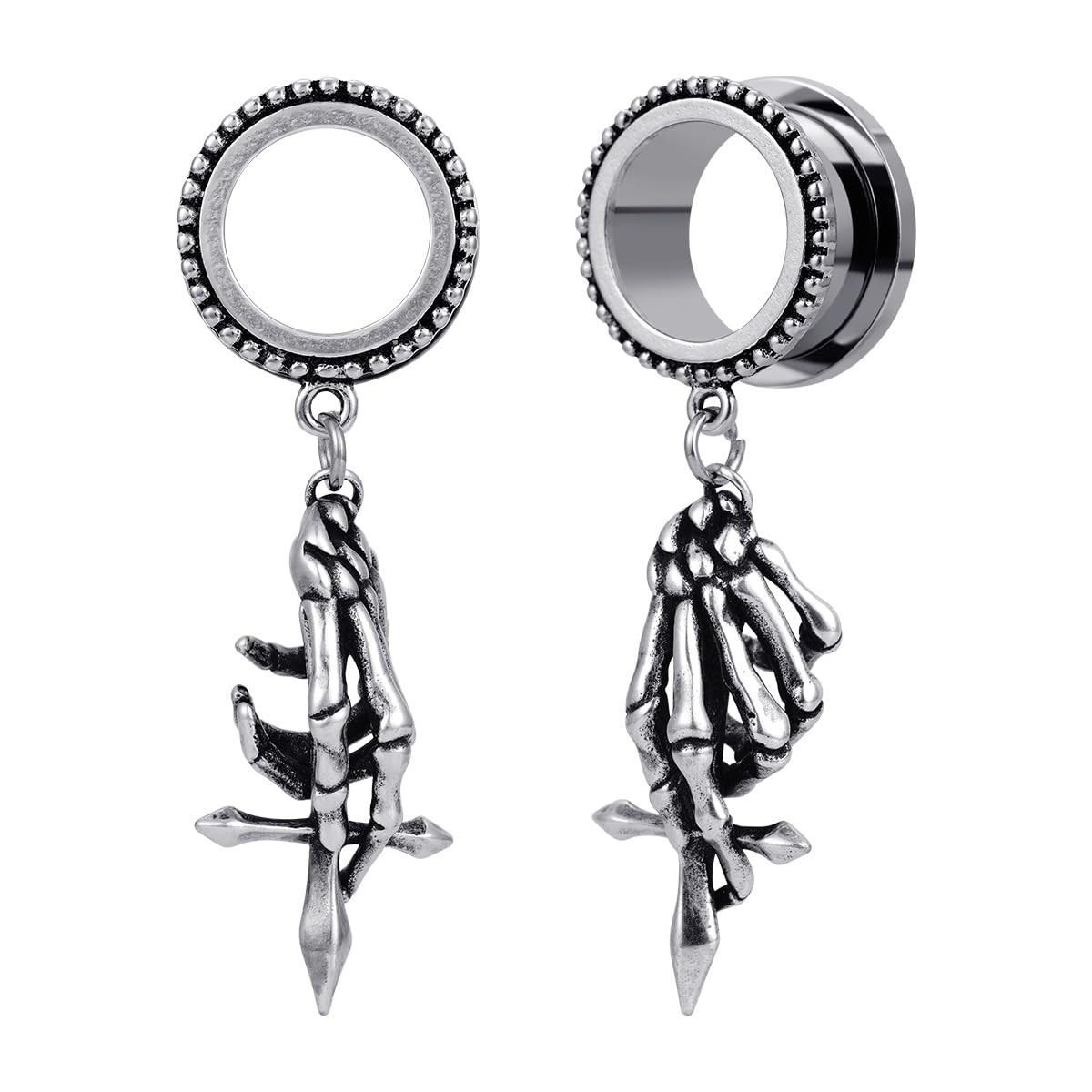 2PCS Gauge Dangle Earrings Stainless Steel Ear Dangle Gauges Hand Bone Skelet...