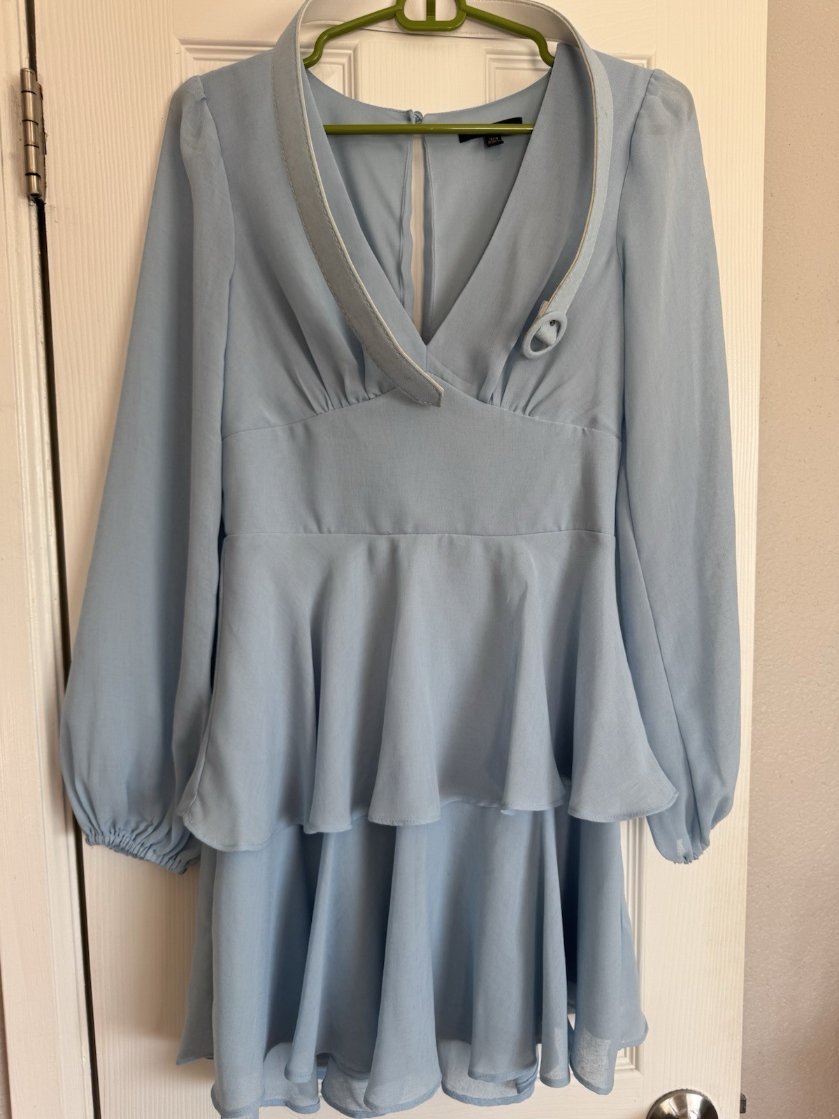 City Studio Light Blue Chiffon A-Line Dress Long Balloon Sleeve V-Neck Zip 3/4
