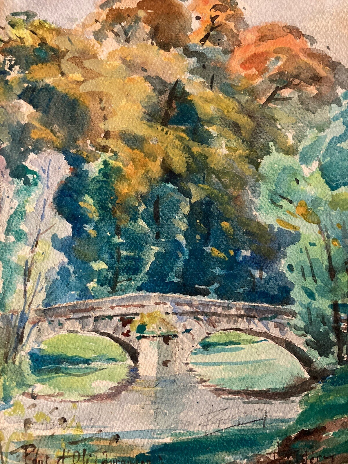 Very Beautiful Watercolor Art Painting Paper 1950 Oli Bridge Jurançon River