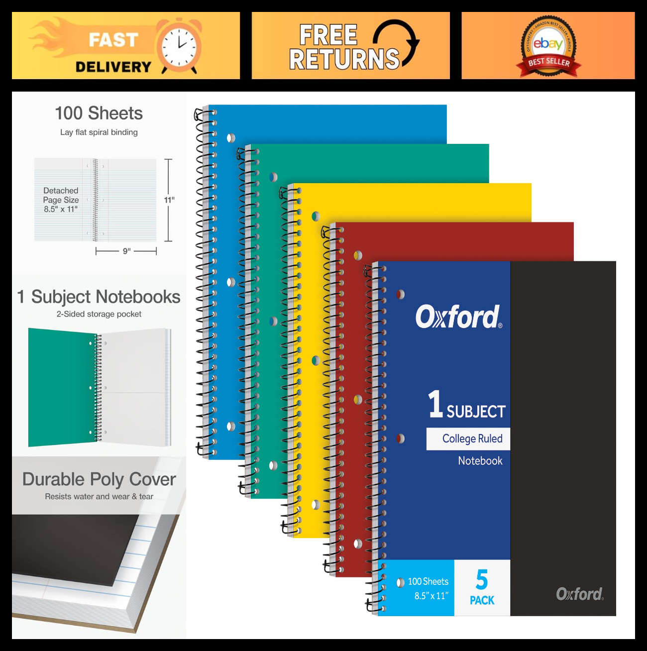 1 Subject Spiral Notebook 5 Pack - College Ruled, Plastic Covers, Assorted Color