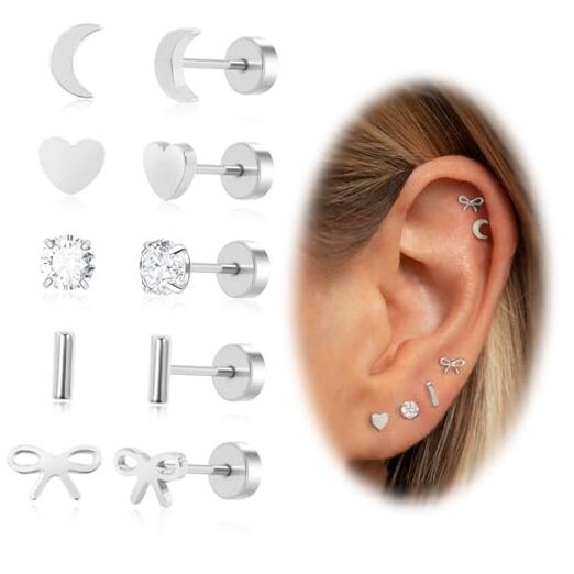 Screw Back Earrings for Women,14K Gold Flat Back Stud Earrings 5 Pairs Silver