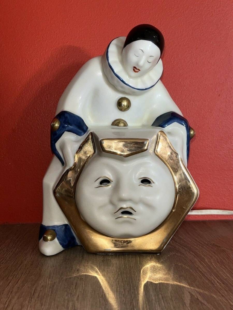 1930 Frence Art Deco Limoges Veilleuse Nightlight Moon Clown Table Lamp