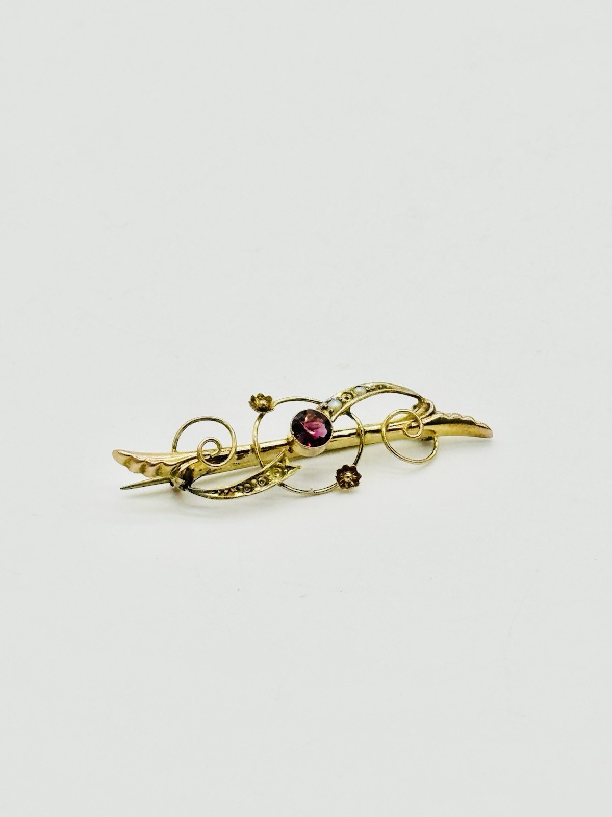 Antique 375 Art Nouveau 9k Yellow Gold Amethyst & Seed Pearls Brooch Pin G1