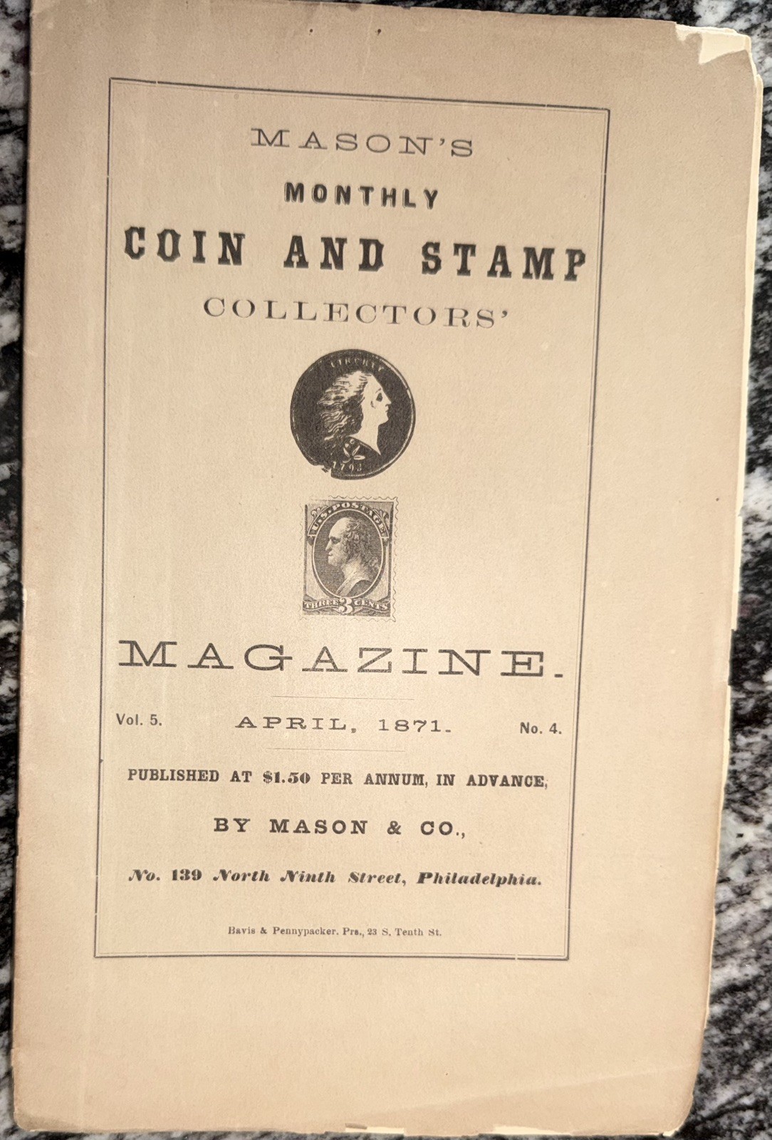 April 1871 Mason's Coin and Stamp Monthly Magazine Scarce