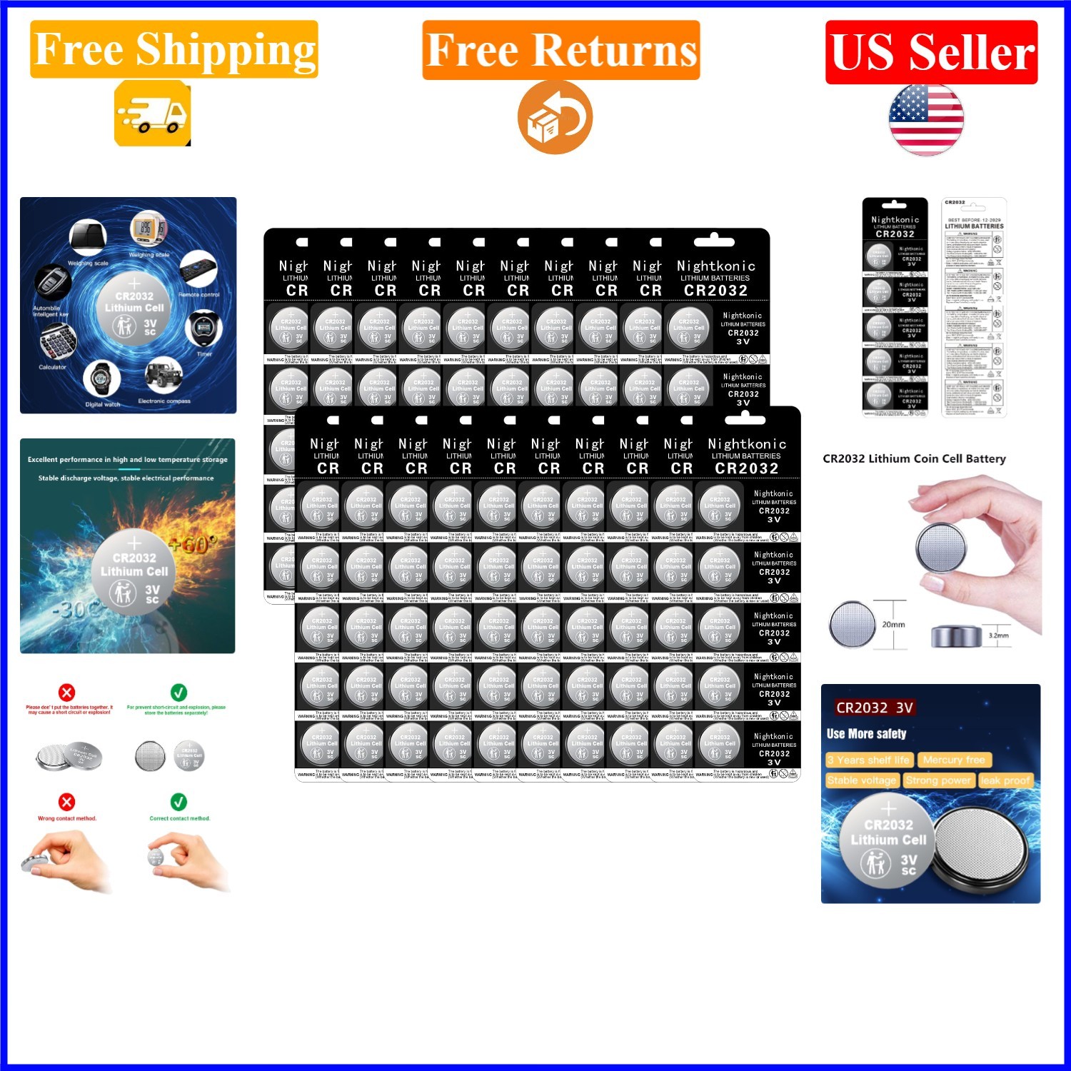 100 pcs CR2032 3V Lithium Coin Cell Batteries for Remote, Watches, Devices