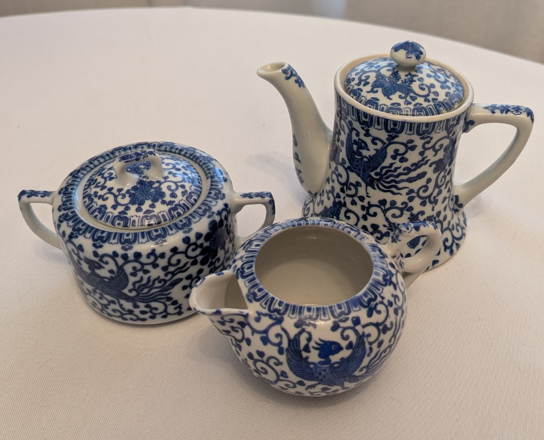 Blue & White Phoenix Bird Asian Small Vintage Tea Set Creamer Teapot Sugar Bowl
