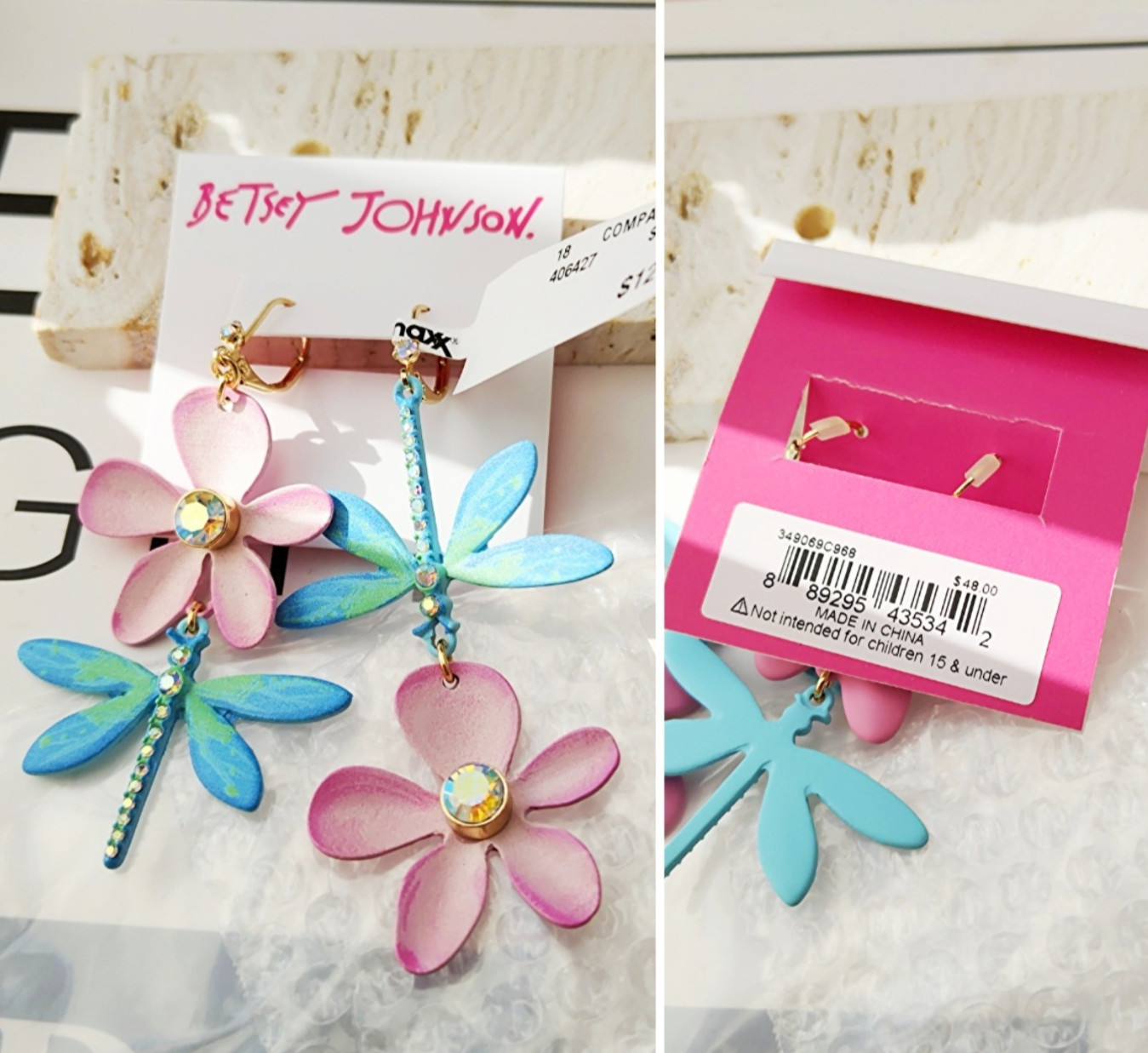 Betsey Johnson Dragonfly Flower Gypsy Mismatch Drop Earrings PINK/BLUE