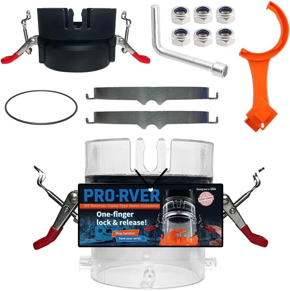 FULL SET RV Sewer Hose Connector – Patented Push-Lock + Clamp-Lock System, Leak-