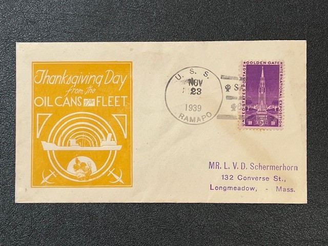 USS Ramapo (AO-12) 1939 Naval HORTON Cover Thanksgiving Oil Cans of Fleet 6C457