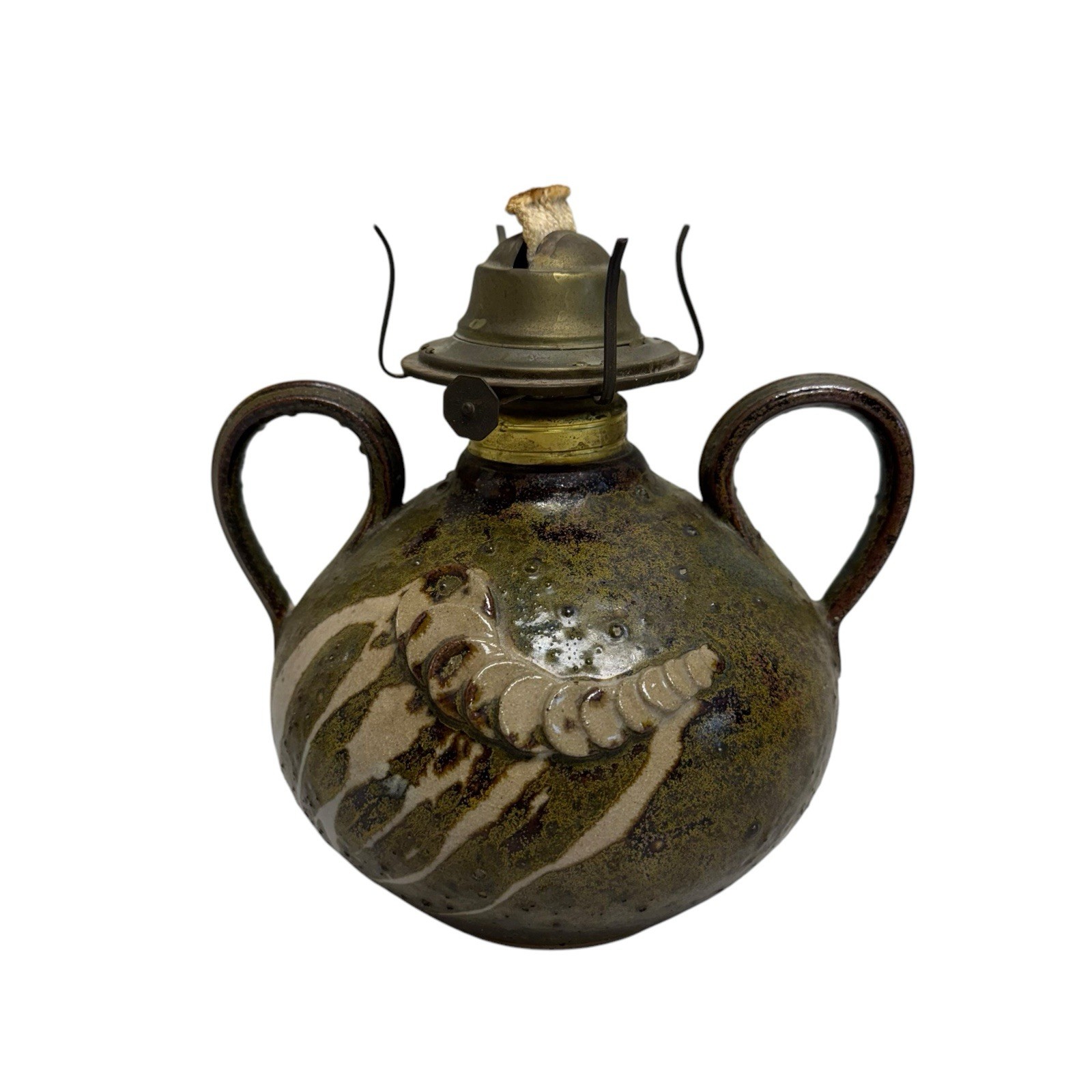 Vintage Studio Art Pottery Stoneware Oil Lamp Glazed With Wick  Artist Signed SR