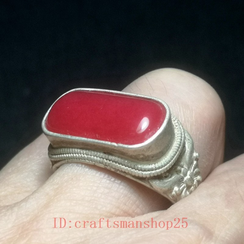 Collection Old China Tibet Silver Handmade Inlay Jade Ring Superb Ornament Gift