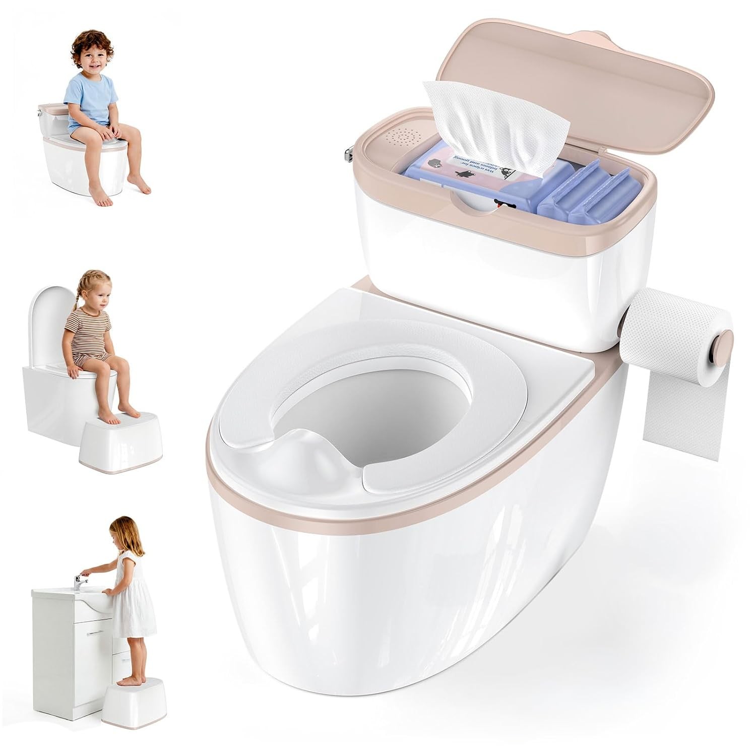 3-in-1 Toddler Potty Training Toilet with Flushing Sound, Wipes Storage & Toilet