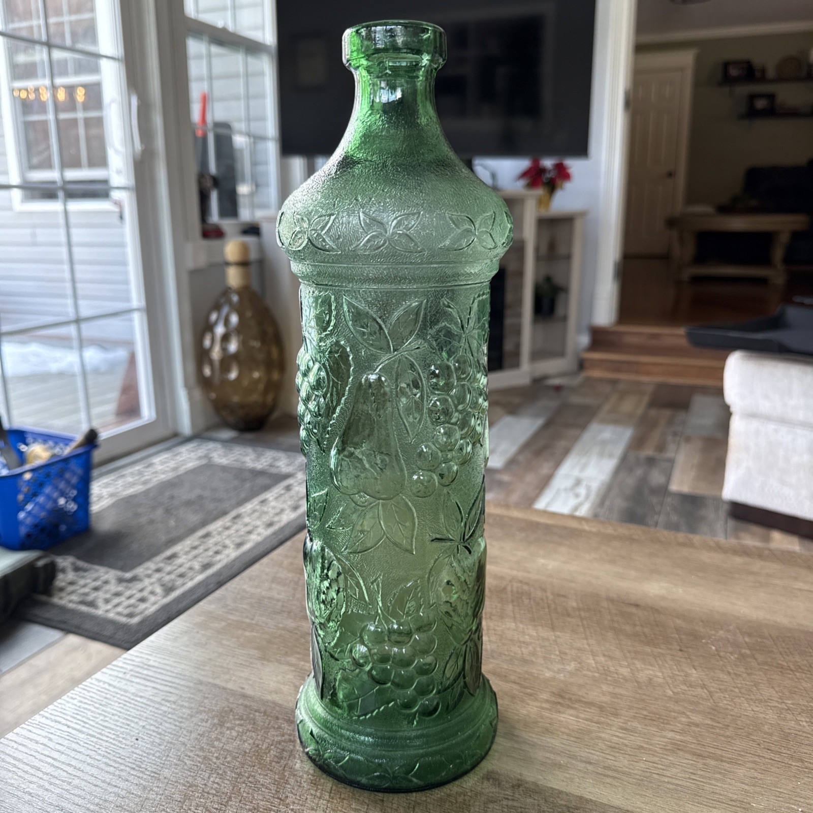 Vintage 15” GREEN EMPOLI GLASS Decanter Bottle Fruit Pattern Italy No Stopper