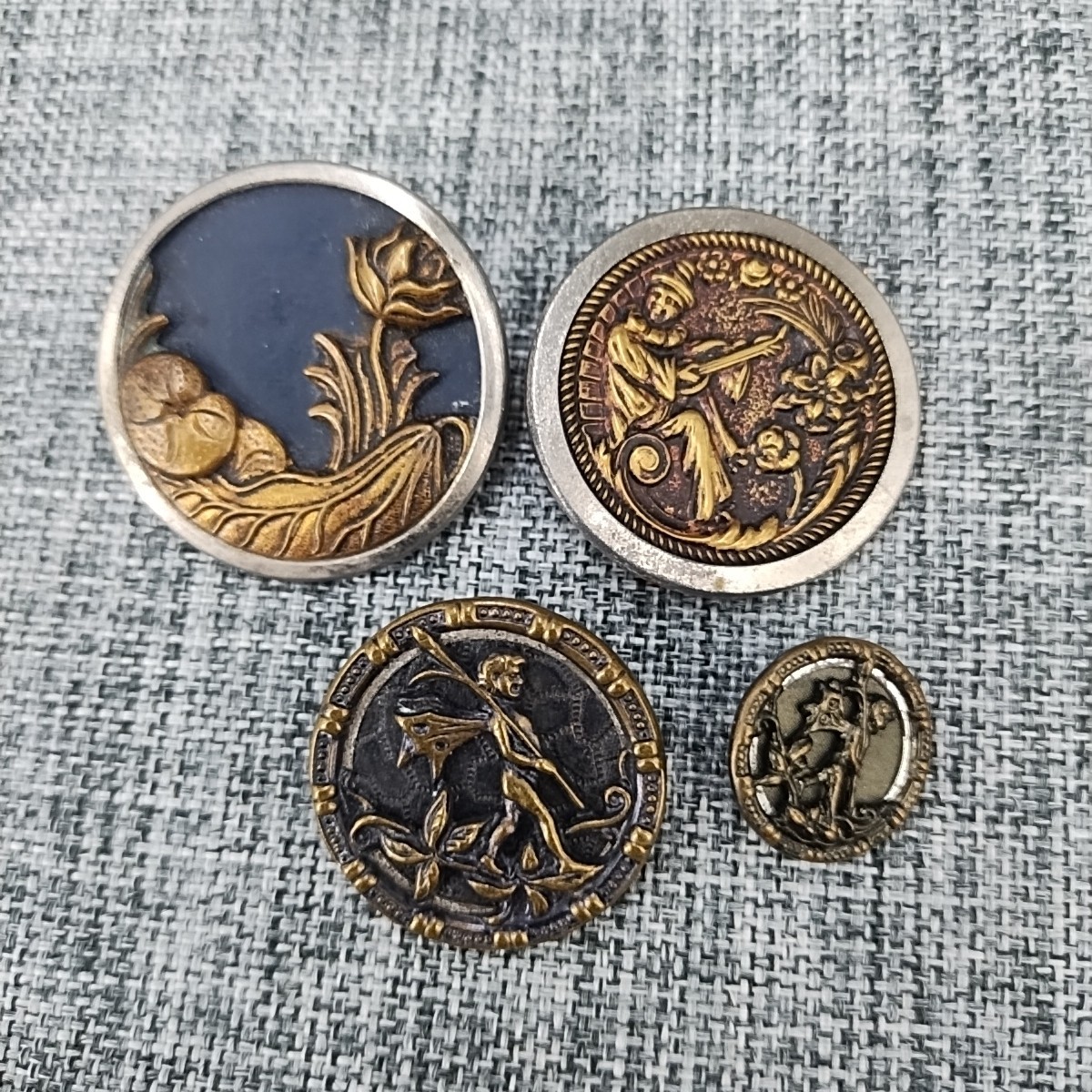 Vintage Brass Picture Buttons Puck Clown Flower Lot of 4 Mother/Daughter Antique