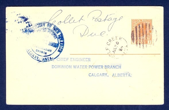 CANADA WOLF CREEK 1924 1c ADMIRAL PC "COLLECT POSTAGE DUE" MANU